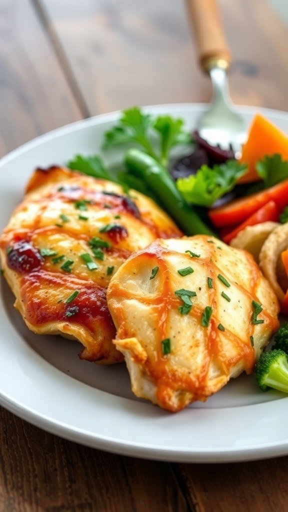 Juicy air fryer boneless chicken breasts garnished with herbs, served with vegetables and salad on a rustic table.
